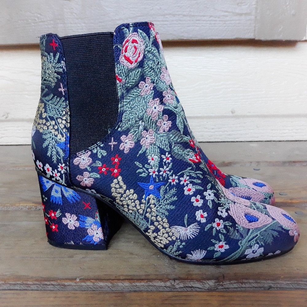 Indigo Floral Embroidered Navy Ankle Boots